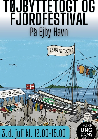 Tegnet billede af et sejlskib ved en havn, hvor der er tøjbyttemarked 