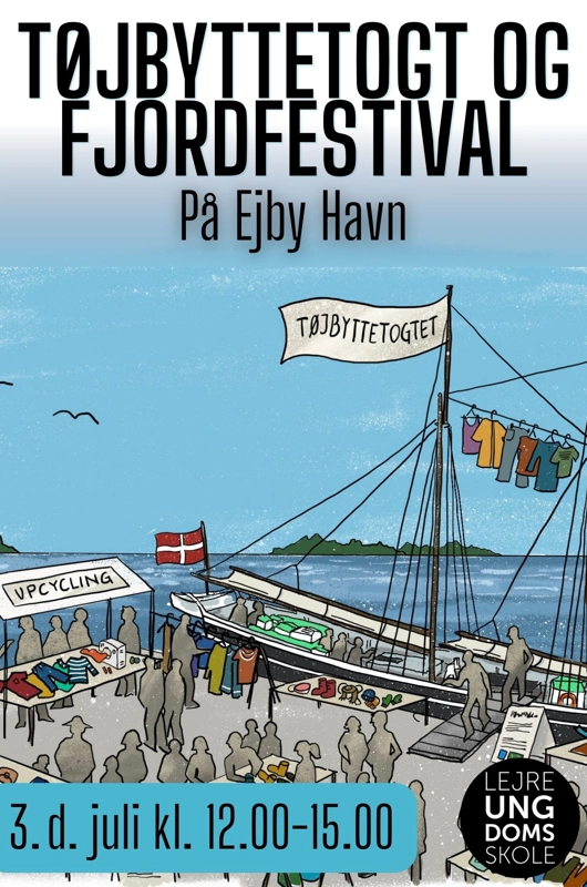 Tegnet billede af et sejlskib ved en havn, hvor der er tøjbyttemarked 
