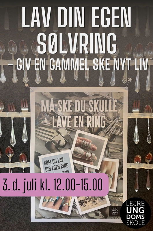 Billede af tavle med en masse sølv-te-skeer og en plakat med billeder af at du kan lave skeerne om til en fingerring